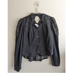 Vintage Banjo Texas Cowgirl Western Retro Peplum Poplin Blouse with Lace L XL